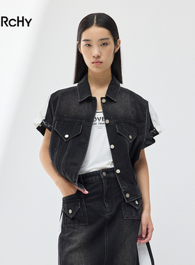 LARCHY来尔佳昵2025春装翻领拼接牛仔外套