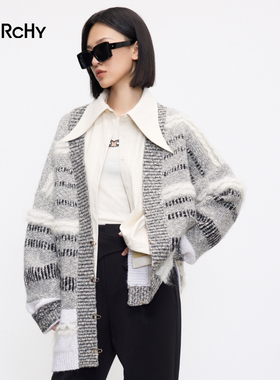 LARCHY来尔佳昵2024冬装翻领提花毛织外套