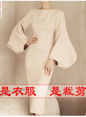 实物纸样DIY缝纫样板新款春夏灯笼袖修身韩版中长连衣裙图纸21084