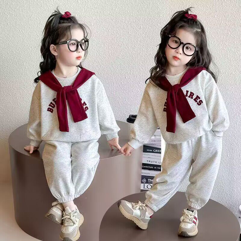 女童春秋款套装2025新款洋气中小童韩版时尚披肩卫衣运动装两件套