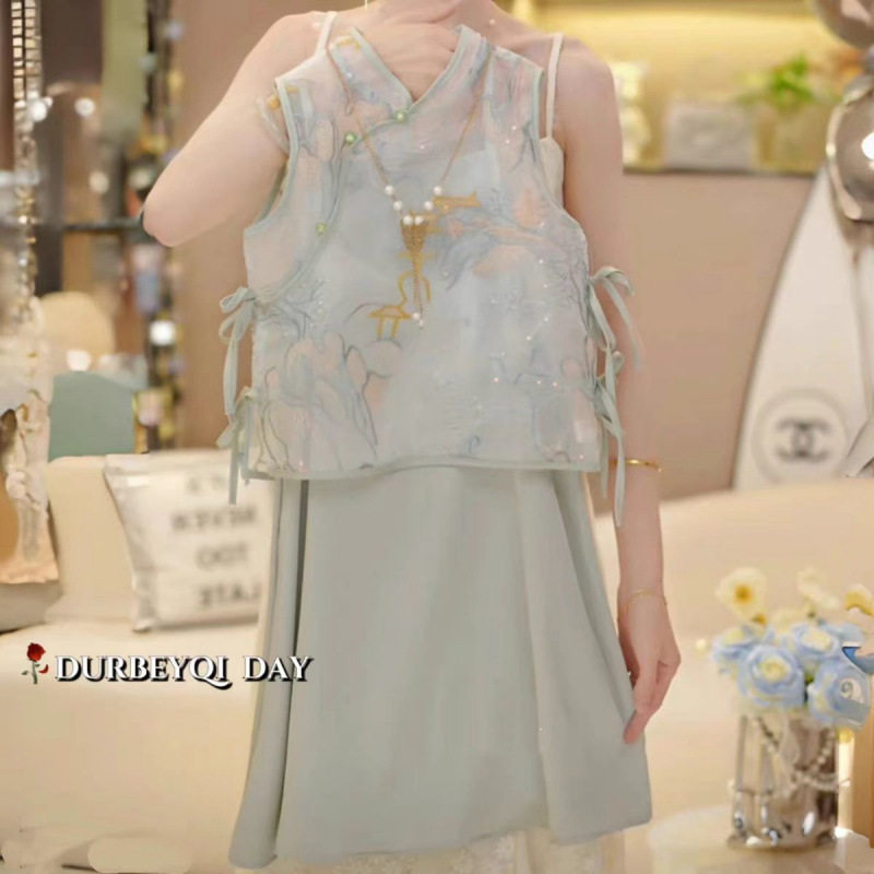 女童新中式吊带连衣裙夏季2026新款国风马甲背心裙两件套清凉洋气