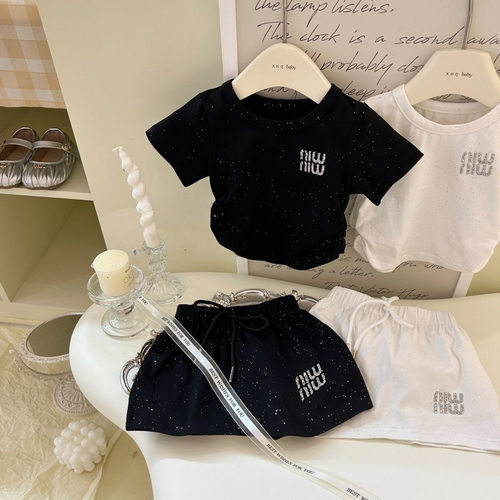 女童短袖套装夏季新款韩版T恤洋气烫钻字母半身裙两件套