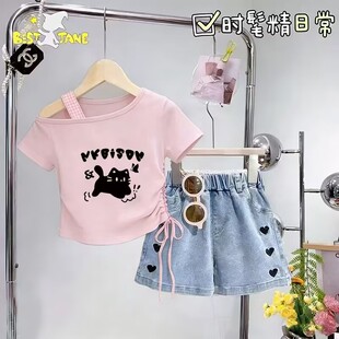 女童夏季牛仔短裤套装中小大童斜肩时髦上衣女孩洋气百搭两件套