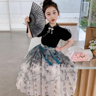 女小童泡泡袖千字文马面裙套装2024夏款女孩中国风盘口汉服民族风