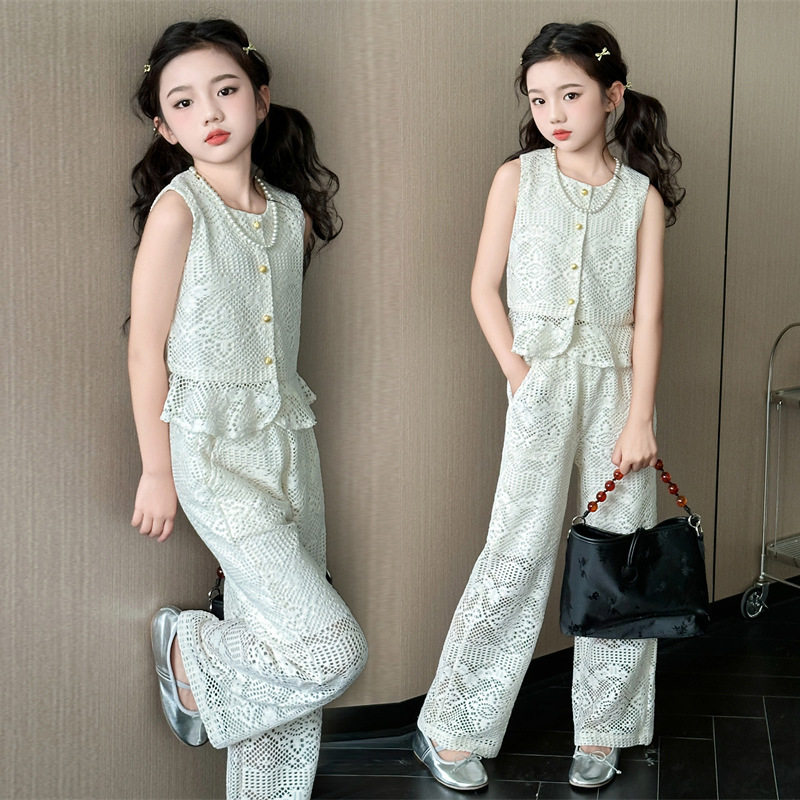 女童夏季蕾丝钩花套装2024新款中大童韩版无袖上衣阔腿直筒裤子潮