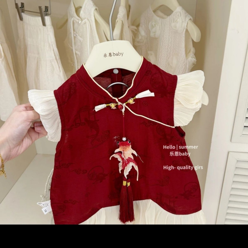 女童夏季新中式红色国风旗袍背心