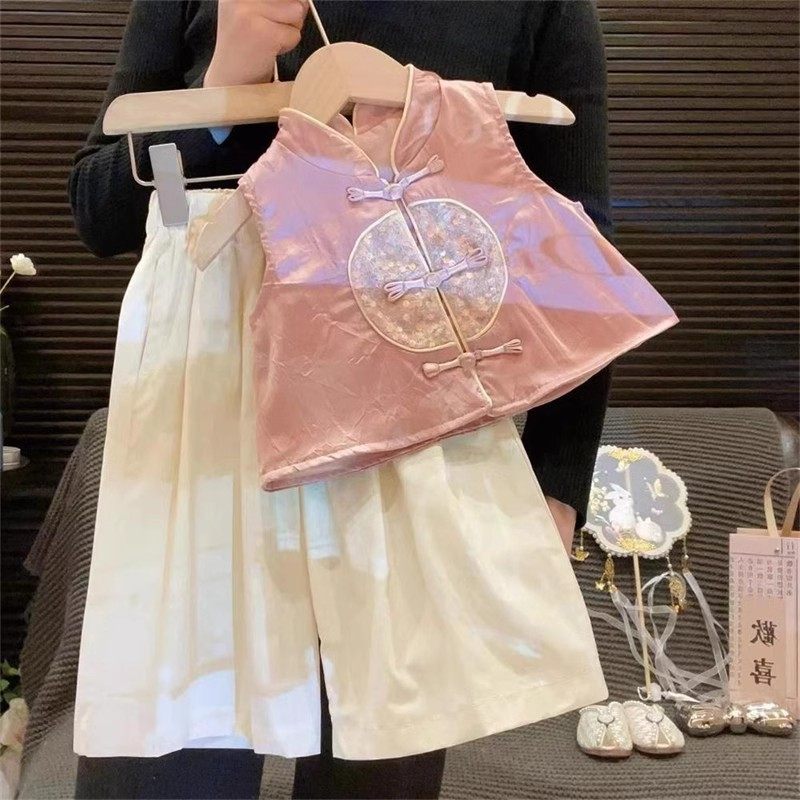 女童中国风汉服套装2024夏季中小童盘扣刺绣唐装马甲阔腿裤两件套,童装/婴儿装/亲子装,套装,淘宝优惠券,粉丝福利购,淘宝优惠卷