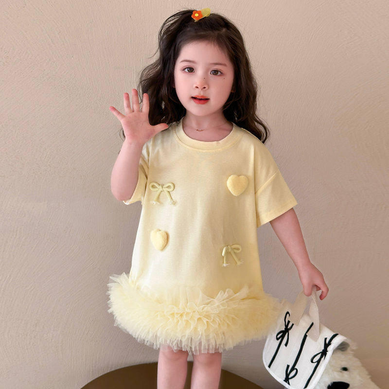 女童宝宝韩版纯色网纱连衣裙中小童洋气时髦爱心蝴蝶结短袖公主裙