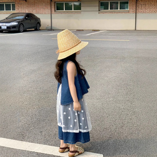 韩国童装2025女童夏季小心机露背牛仔背心阔腿裤蕾丝半裙三件套装