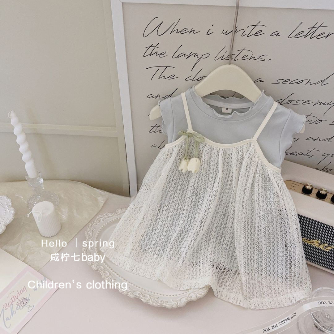 女宝宝蓝色背心裙蕾丝吊带郁金香花苞连衣裙两件套潮流