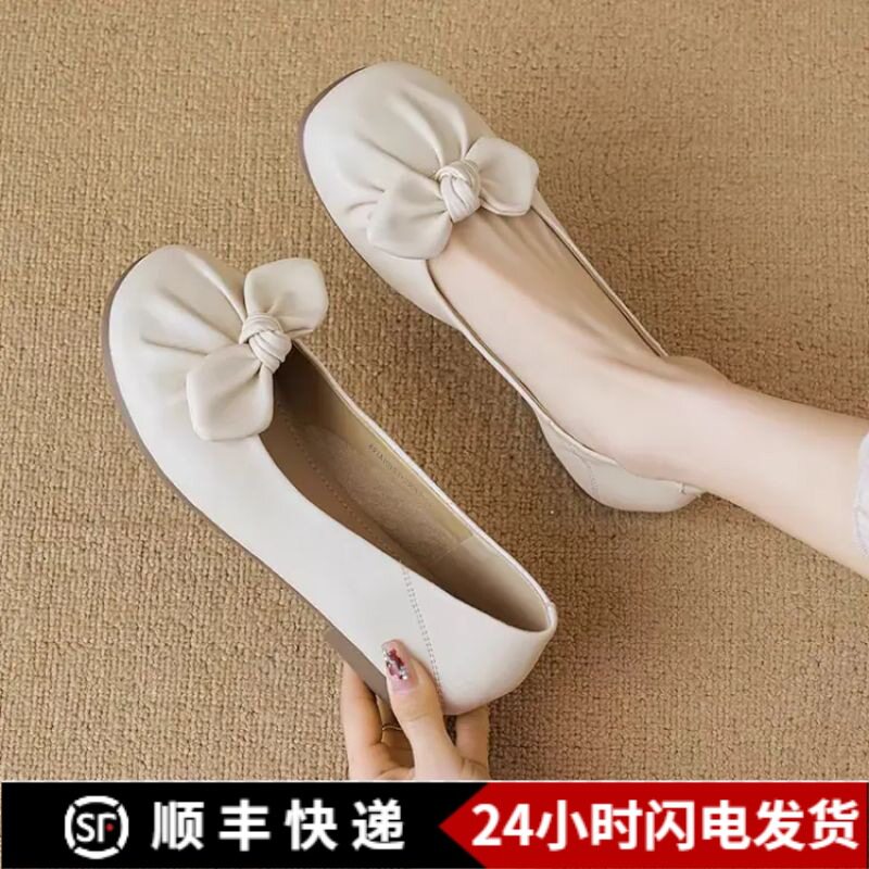 平底低跟圆头单鞋PU低帮鞋浅口女鞋百搭法式时尚复古