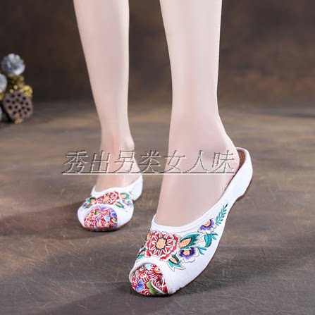18年春款老北京内增高女布鞋牛筋底绣花鞋坡跟女拖鞋女凉拖包邮