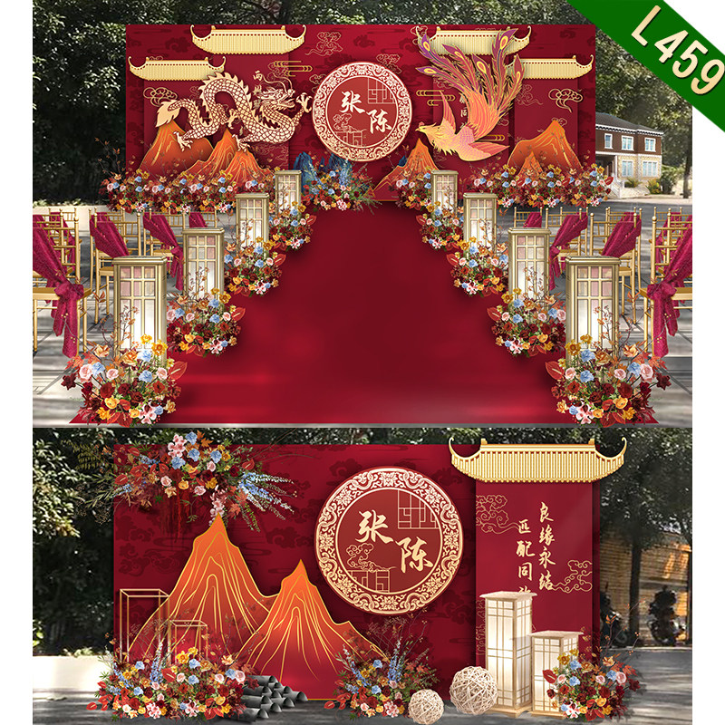 L459户外红色中式婚礼龙凤祥云素材舞台背景效果图喷绘制作PSD