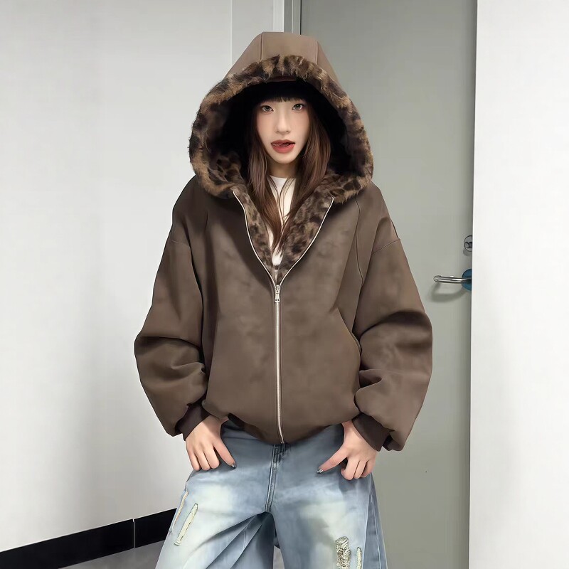 美式双面穿座山雕豹纹连帽冬季加绒pu皮夹克棉服男女加厚棉袄外套,女装/女士精品,棉衣/棉服,淘宝优惠券,粉丝福利购,淘宝优惠卷