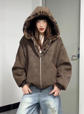 美式双面穿座山雕豹纹连帽冬季加绒pu皮夹克棉服男女加厚棉袄外套