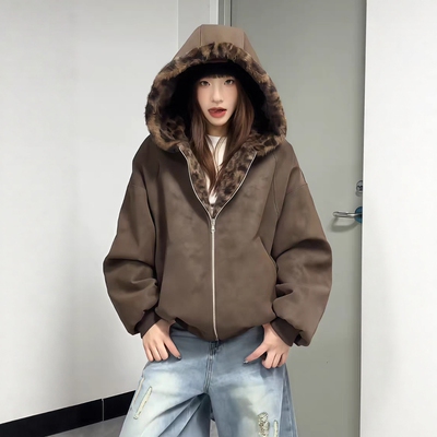 美式双面穿座山雕豹纹连帽冬季加绒pu皮夹克棉服男女加厚棉袄外套