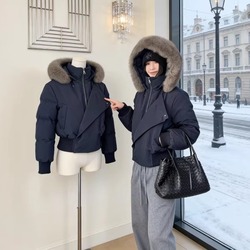 高级感2025冬季新款毛领羽绒棉服女小个子短款连帽显瘦棉袄厚外套