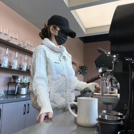 韩系甜美波点针织拼接长袖冬季棉服女宽松短款保暖加厚面包服外套