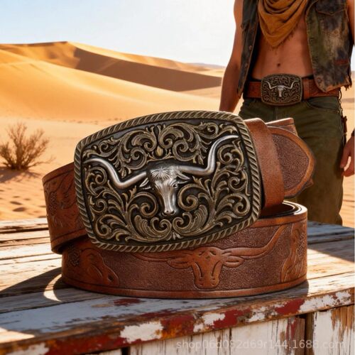Denim belt cow head large plate buckle trendy 牛仔皮带牛头