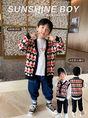 Xiaobei Tide Boys Knitted Cardigan Sweater Autumn 2021 New Children Children Love Vintage Vest Tide