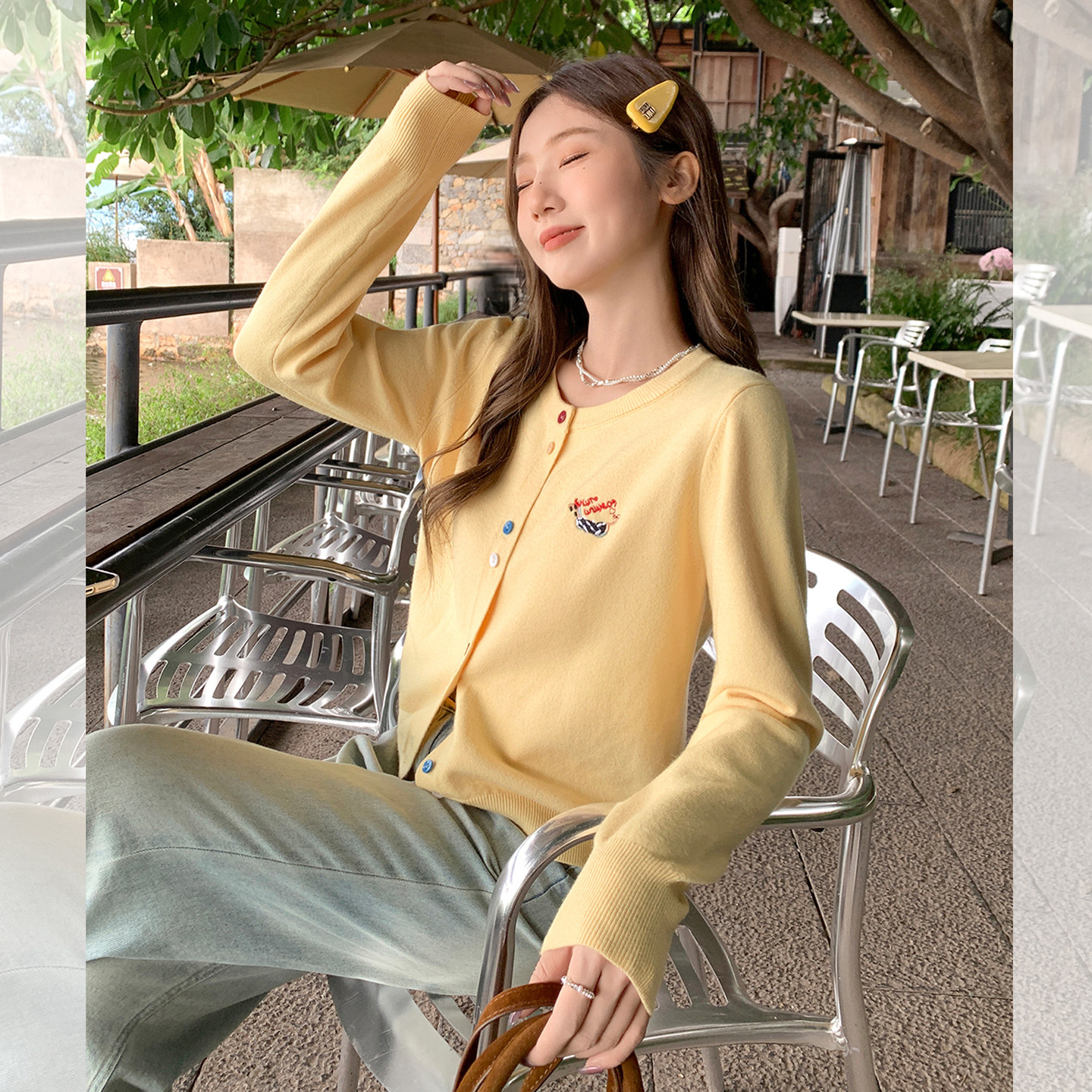 奶酪黄毛衣外套女日系甜美少女小众别致刺绣彩虹纽扣圆领针织开衫