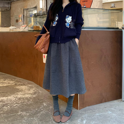 中长款伞裙日式a字裙口袋半身裙