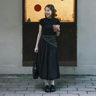 黑色赫本风花苞裙早秋暗黑系高腰垂感A字裙设计感小众别致灯笼裙