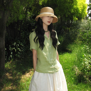 法式芥末绿短袖衬衫女收腰蝴蝶结系带v领衬衣夏季小个子短款上衣