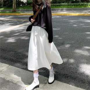 小个子日系白色工装裙女夏港味复古ins高腰显瘦中长款纯棉a字伞裙