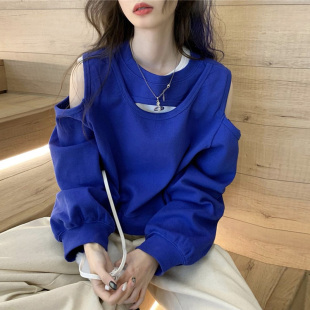 宝石蓝卫衣女短款设计感小众2022春季小心机镂空露肩克莱因蓝上衣