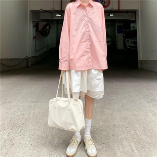 元气少女浅粉色衬衫女ins洋气显白甜美蜜桃粉上衣中长款衬衣外套