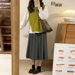 高级灰百褶裙长款日系学院风高腰遮胯a字裙小个子半身裙垂感伞裙