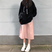 少女藕粉色半身裙女复古文艺学生纯棉中长款高腰a字裙日式工装裙