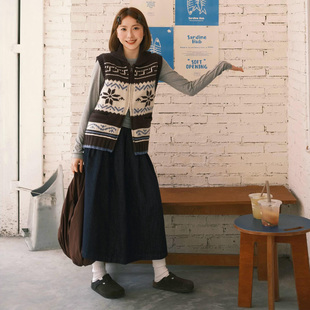 日杂风深蓝色牛仔半身裙复古学生高腰A字裙中长款 裙 遮胯口袋工装