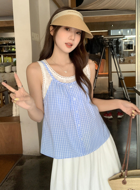法式奶蓝色格子吊带背心设计感夏季多巴胺洋气蕾丝花边假两件上衣