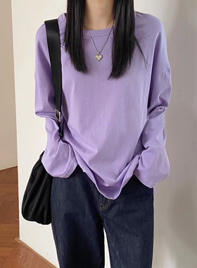 慵懒风香芋紫t恤女淡紫色上衣2020秋chic糖果色宽松长袖套头体恤