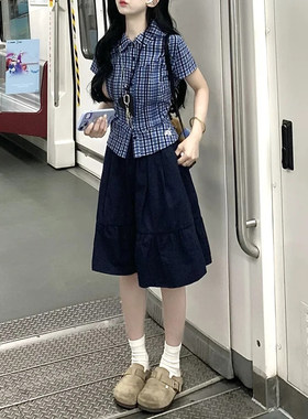 中裙A字裙伞裙压褶半身裙有口袋