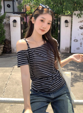 短袖美式常规麻花肩带棉女露肩