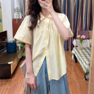 小鸡黄衬衫法式少女清新甜美翻领奶油黄短袖衬衣插肩袖显白上衣夏