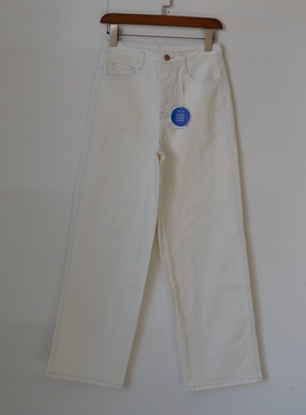 素女士牛仔裤 弹力高腰 白色直筒长裤 明线 车蓝色春秋裤子成色好