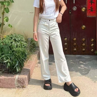 莱赛尔女士牛仔裤 高腰白色直筒弹力九分裤 薄款丝滑晾爽夏季薄款