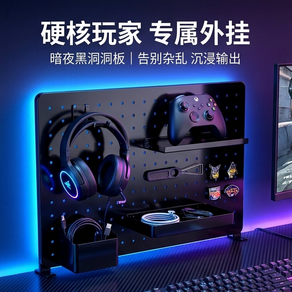 电竞桌面洞洞板黑色免打孔可升降可夹可立磁吸多层收纳置物架家用