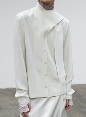 现货LOW CLASSIC韩国品牌21秋冬 极简飘带围巾领真丝纯色长袖衬衫