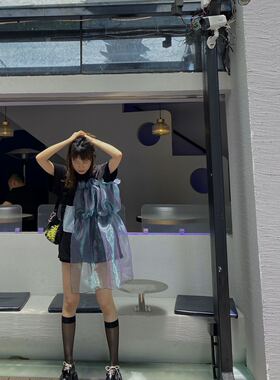 设计师品牌YUICHI YANG20SS春夏人鱼姬网纱拼接圆领短袖百搭长T恤