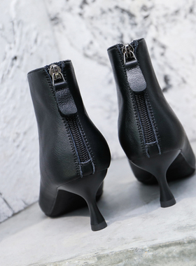 尖头细跟纯皮短靴女高跟鞋冬季2025年新款真皮软牛皮鞋加绒靴子女