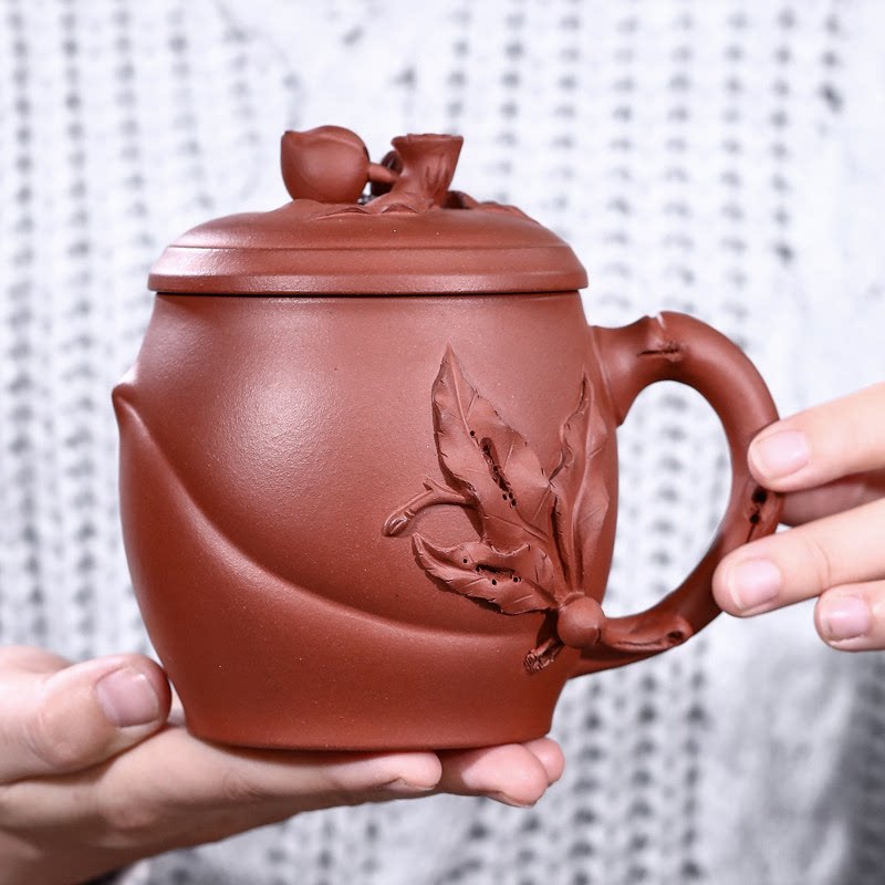 海庄茶具大容量紫砂杯男女士生日礼物办公杯带盖水杯纯手工寿桃杯