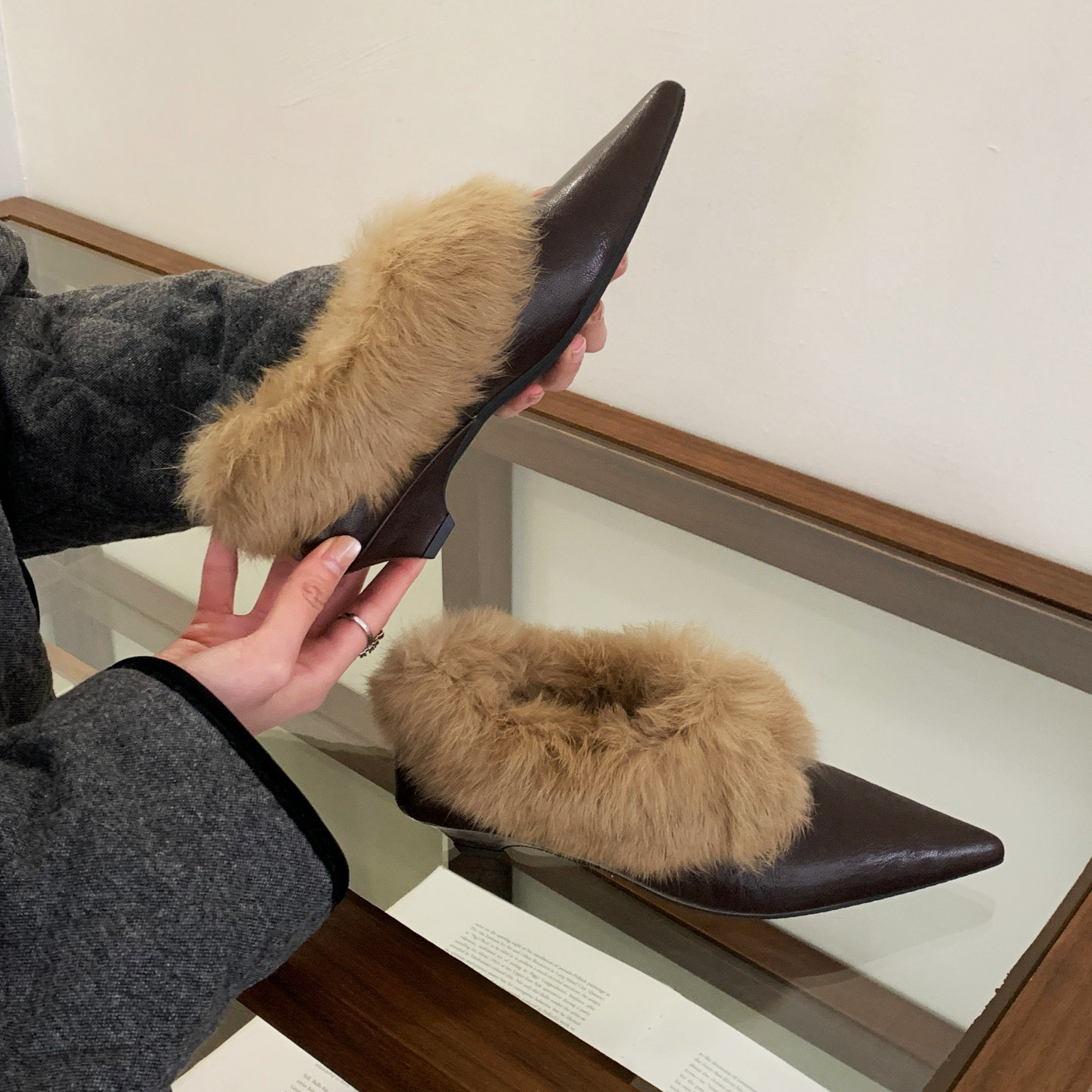 欧美时尚真兔毛长毛加绒保暖粗跟低跟时尚尖头裸靴瘦脚时装靴女鞋,女鞋,时装靴,淘宝优惠券,粉丝福利购,淘宝优惠卷