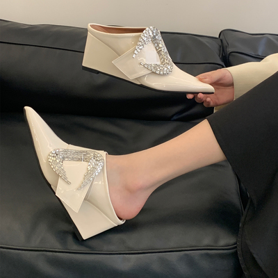 水钻尖头包头半鞋鞋坡跟高跟女鞋