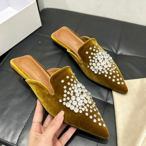 水钻尖头包头半拖鞋平底低跟女鞋