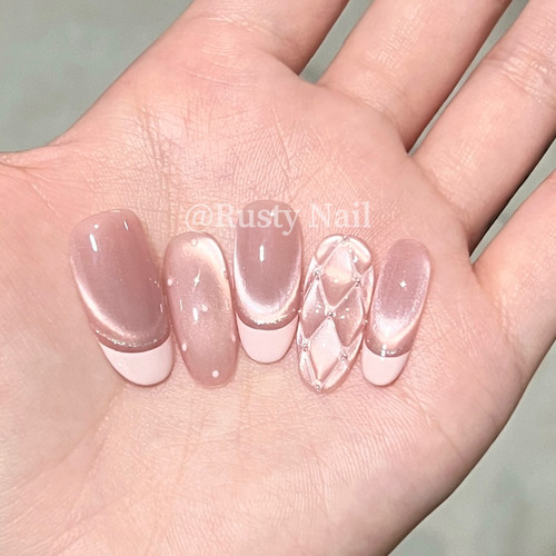小香风皮粉色猫眼法式手工穿戴甲